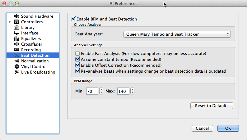 Mixxx preferences - BPM settings