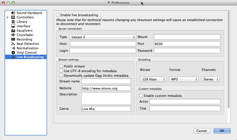 Mixxx preferences - Setting up live broadcasting