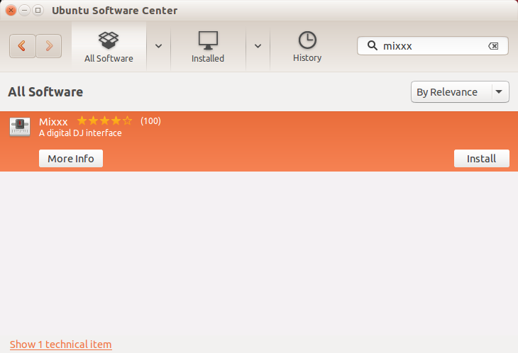 Instal·lació del Mixxx des de l'Ubuntu Software Center