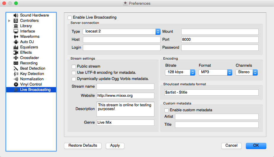 Mixxx preferences - Setting up live broadcasting
