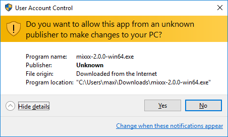 Mixxx Installation on Windows 10 - User Account Control (UAC) warning message