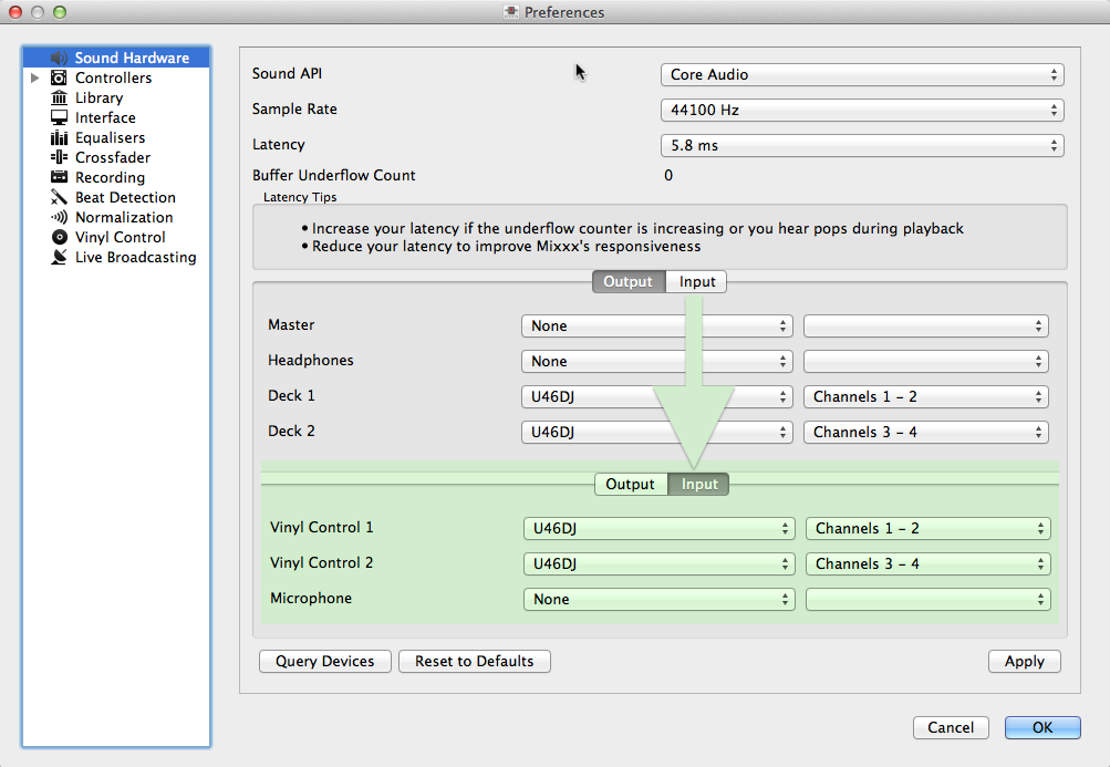 Mixxx preferences - Setting up Input and Output devices for Vinyl Control
