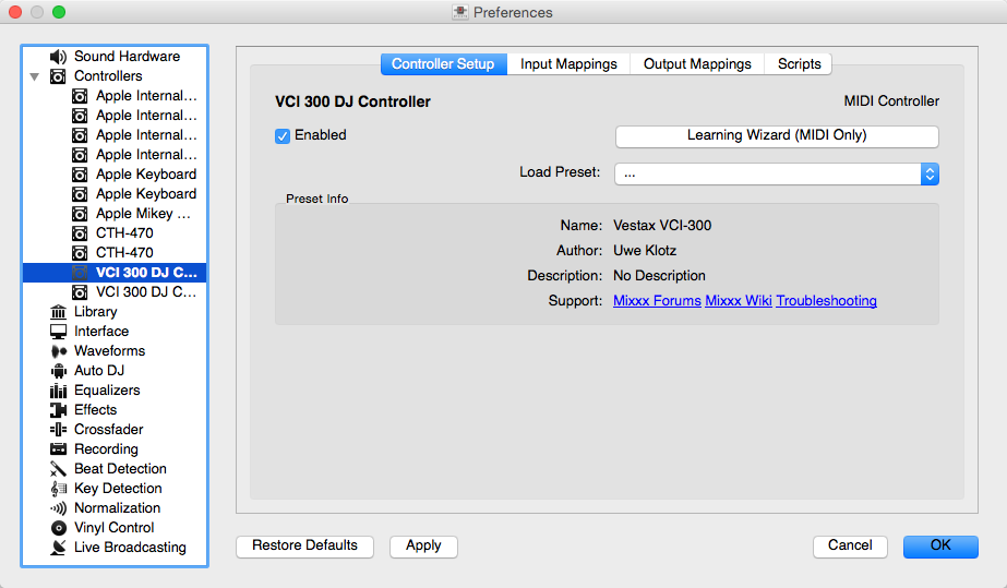 Mixxx Preferences - Loading a controller preset